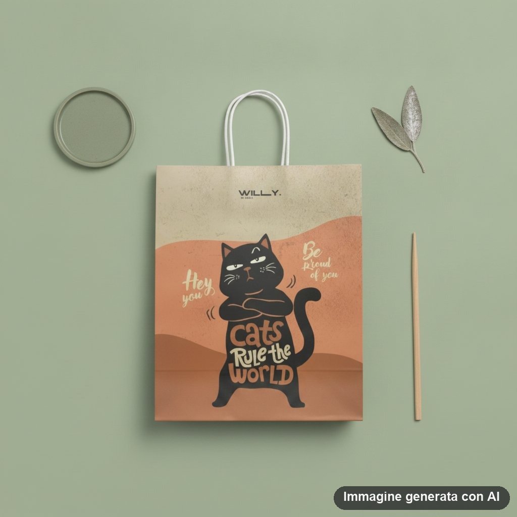 Shopper in carta kraft con gatto nero stilizzato in posa divertente e testo ironico su sfondo degradato arancione e beige
