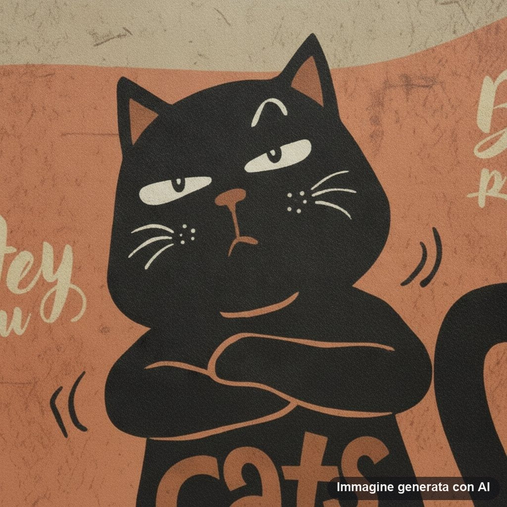 Shopper in carta kraft con gatto nero stilizzato in posa divertente e testo ironico su sfondo degradato arancione e beige