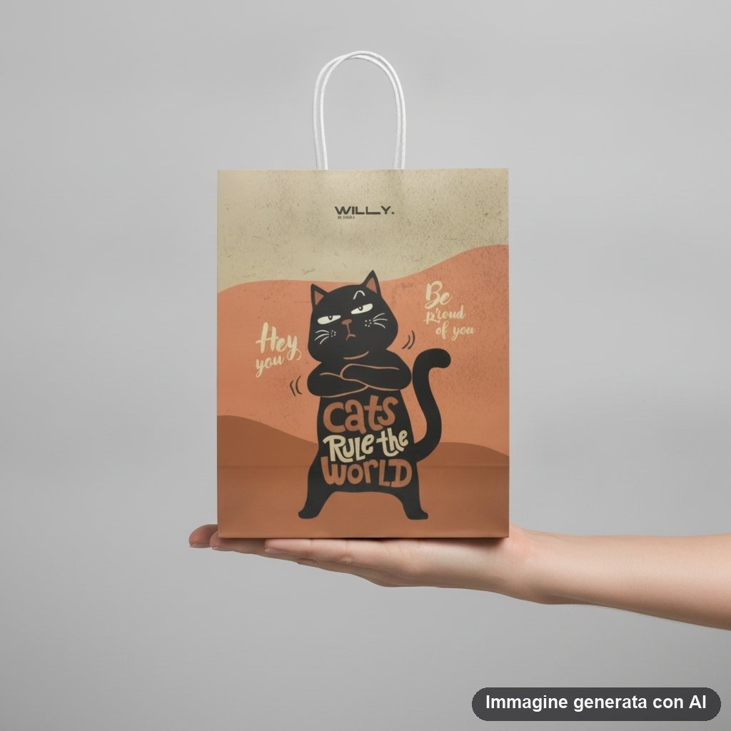 Shopper in carta kraft con gatto nero stilizzato in posa divertente e testo ironico su sfondo degradato arancione e beige