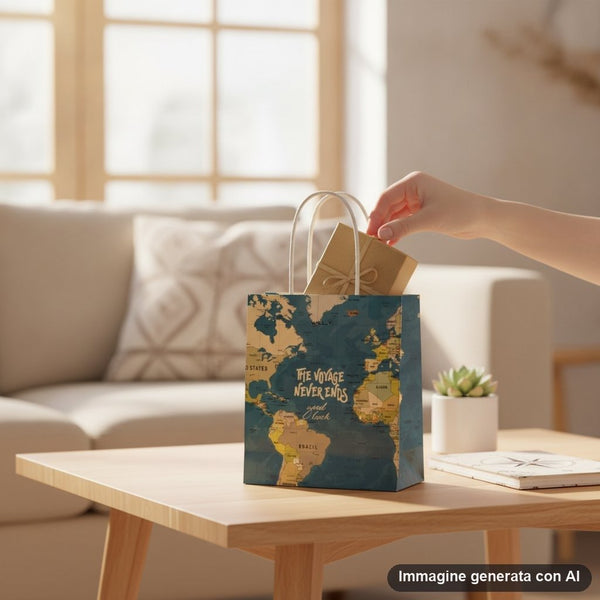 Shopper in cotone con stampa mappa geografica mondiale in stile vintage, manici bianchi, testo the voyage never ends