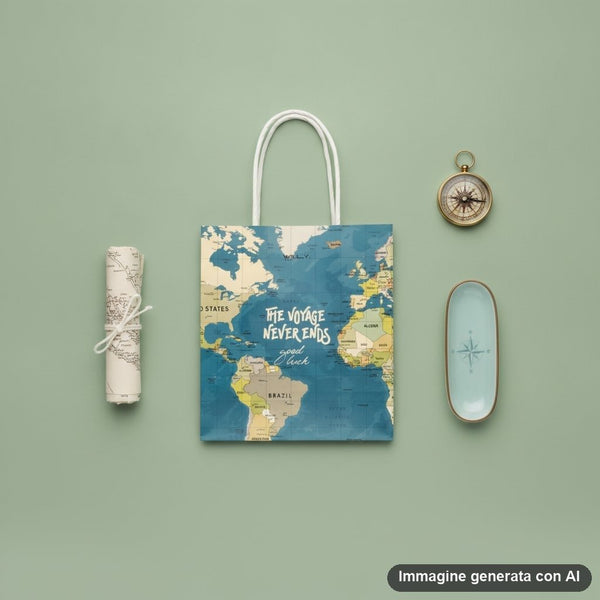 Shopper in cotone con stampa mappa geografica mondiale in stile vintage, manici bianchi, testo the voyage never ends