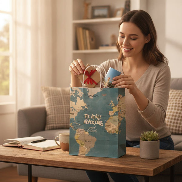 Busta shopper con stampa mappa geografica mondiale in stile vintage, manici bianchi, con scritte motivazionali sul viaggio