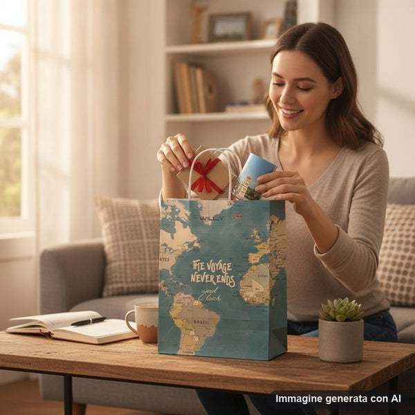 Busta shopper con stampa mappa geografica mondiale in stile vintage, manici bianchi, con scritte motivazionali sul viaggio