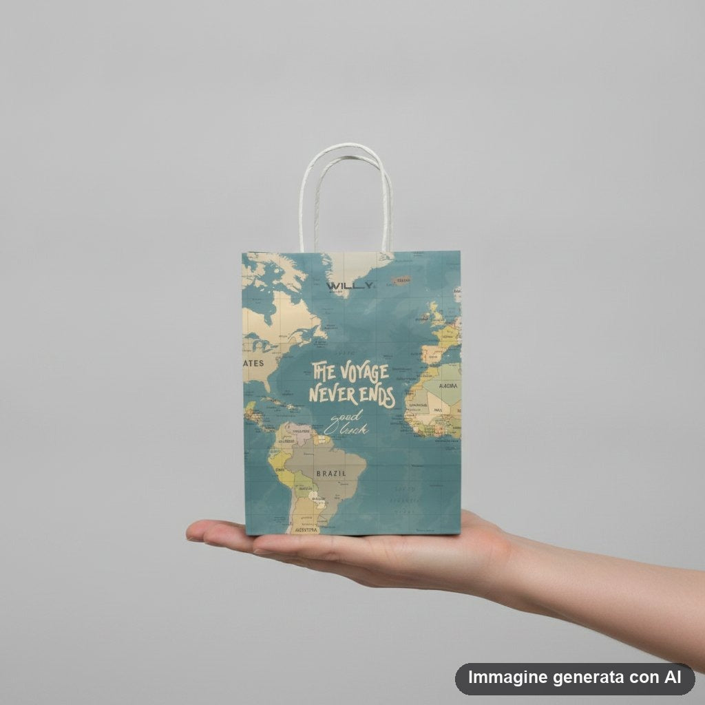 Sacchetto regalo medio in carta con stampa della mappa del mondo azzurra e manici bianchi