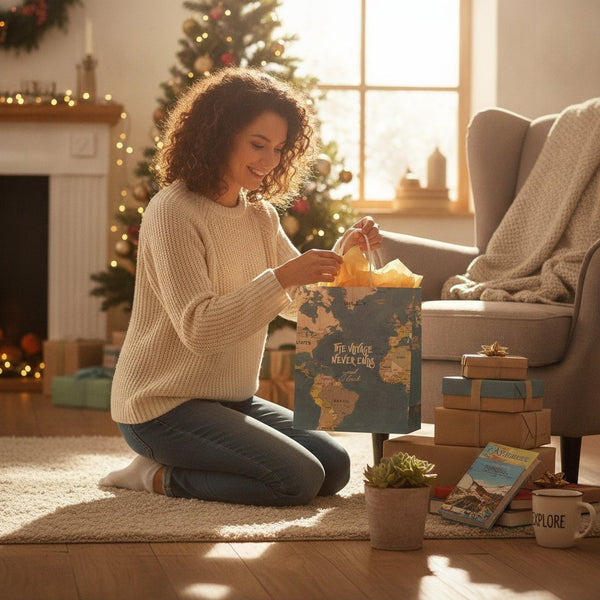 Shopper busta regalo beige e blu con mappa geografica mondiale vintage e scritte motivazionali sul tema dei viaggi