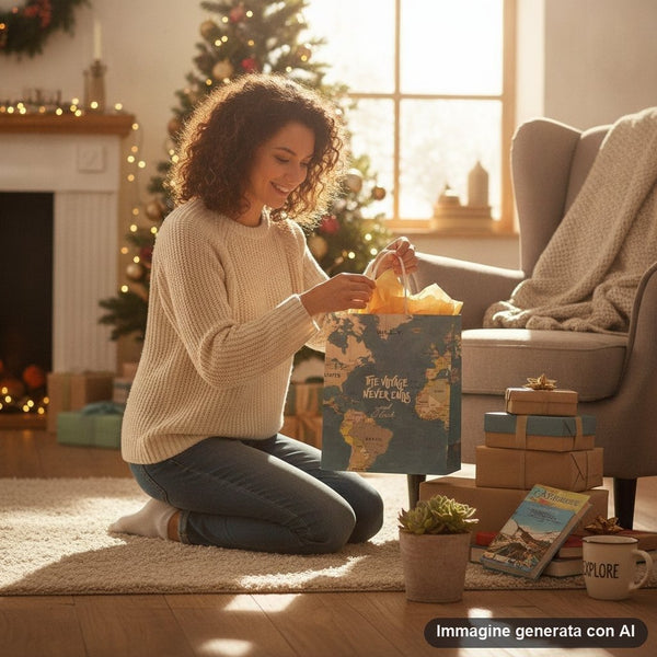 Shopper busta regalo beige e blu con mappa geografica mondiale vintage e scritte motivazionali sul tema dei viaggi