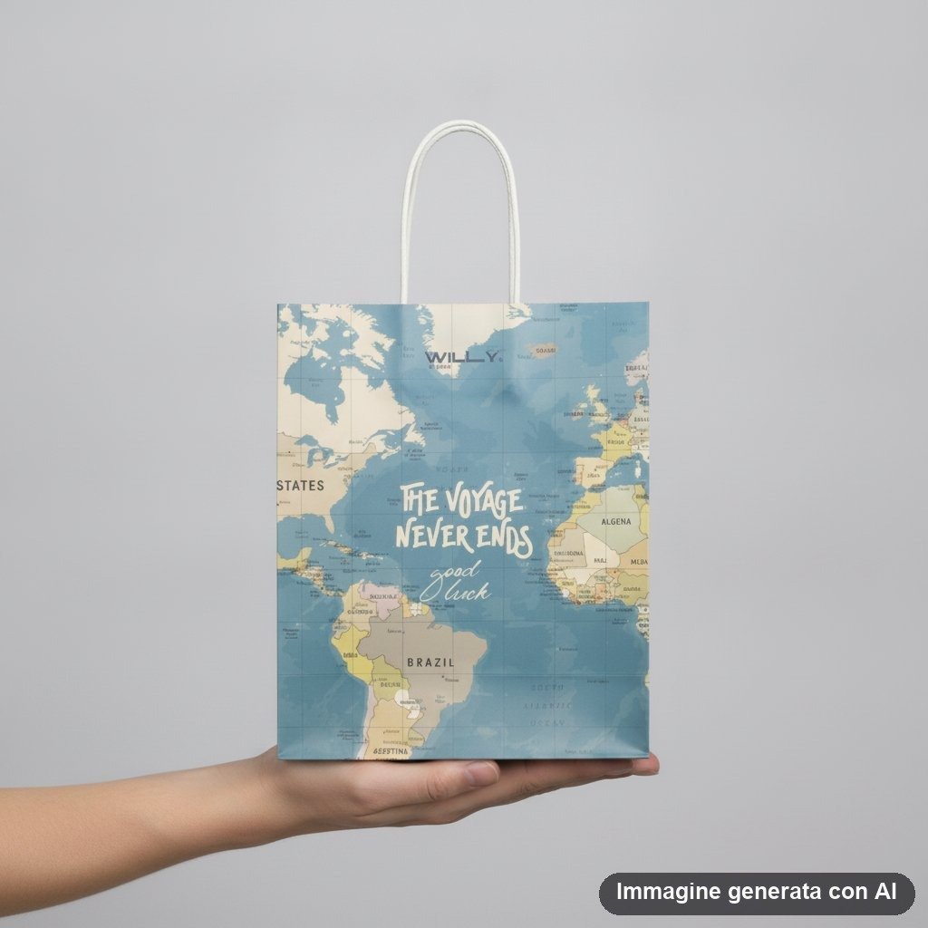 Shopper busta regalo beige e blu con mappa geografica mondiale vintage e scritte motivazionali sul tema dei viaggi