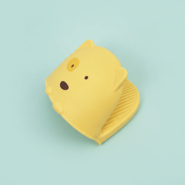 Presina in silicone a forma di orso giallo con viso kawaii, accessorio cucina morbido e antiscivolo