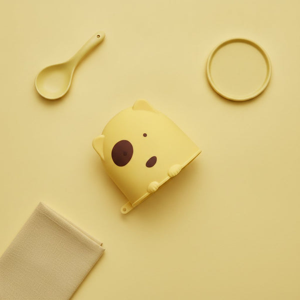 Presina in silicone a forma di orso giallo con viso kawaii, accessorio cucina morbido e antiscivolo