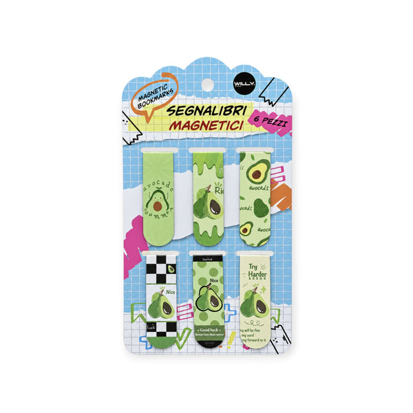 Sei segnalibri magnetici con avocado disegnati in stile kawaii su cartoncino azzurro a quadretti