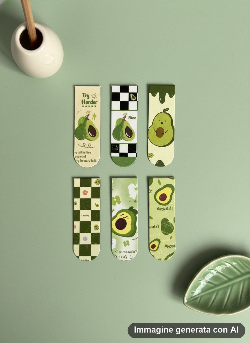 Sei segnalibri magnetici con avocado disegnati in stile kawaii su cartoncino azzurro a quadretti