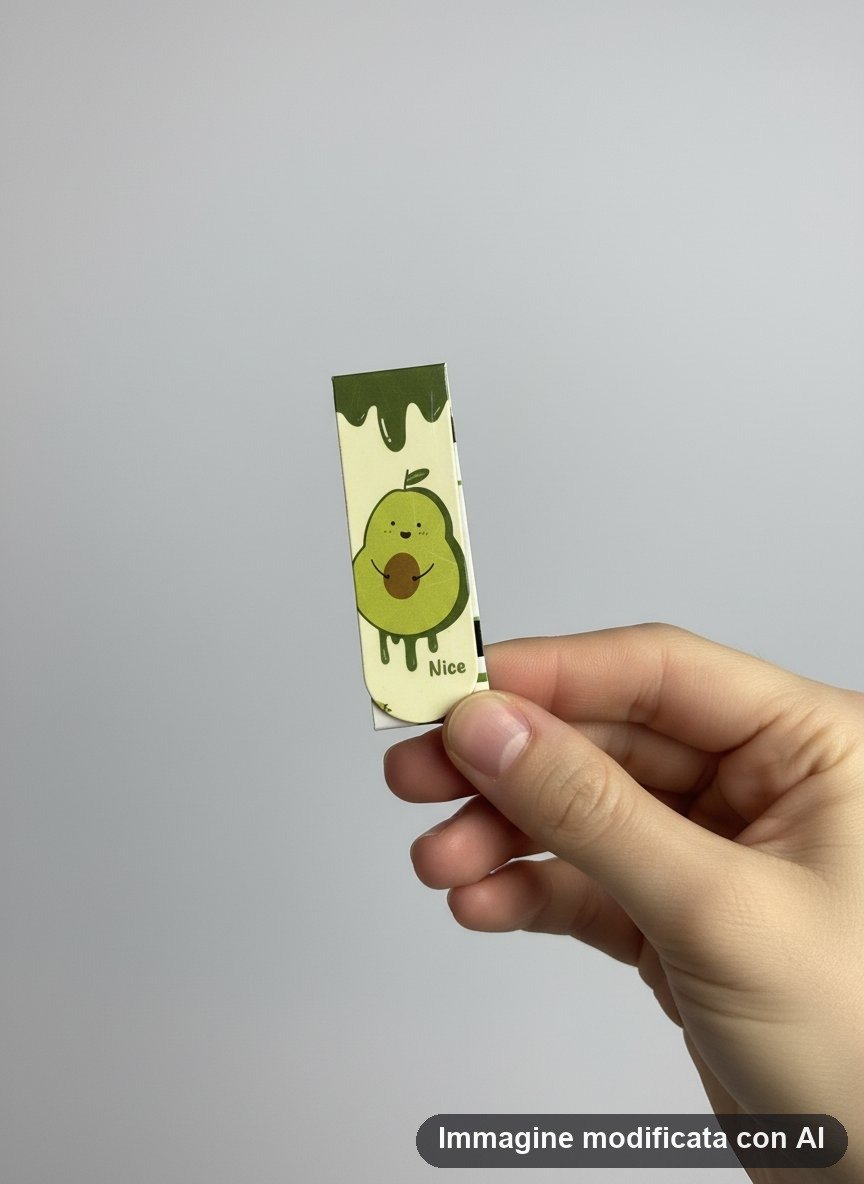 Sei segnalibri magnetici illustrati con avocado sorridenti e fantasie a scacchi su fondi verdi