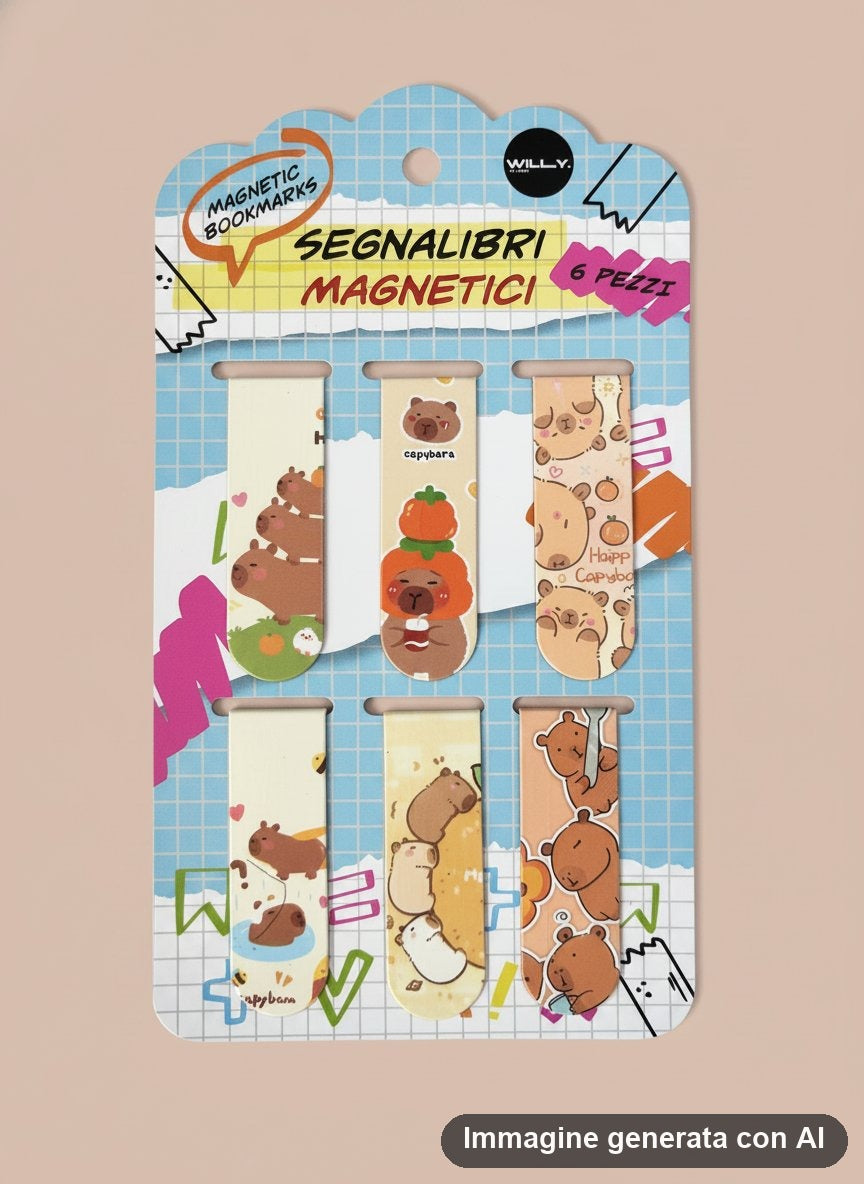 Sei segnalibri magnetici illustrati con capibara in stile tenero, sul cartoncino colorato