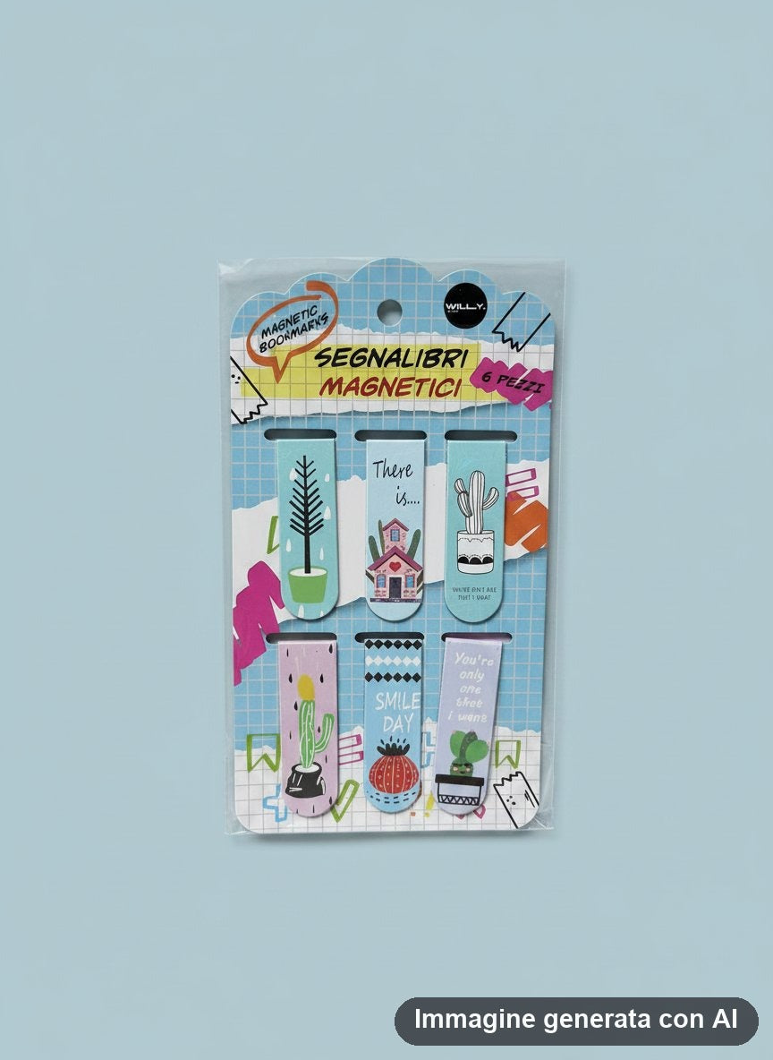 Sei segnalibri magnetici con cactus, piante e alberi disegnati a linee, sul cartoncino illustrato