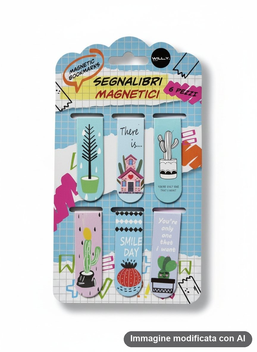 Sei segnalibri magnetici illustrati con cactus in vaso, casetta e albero su fondo azzurro e rosa