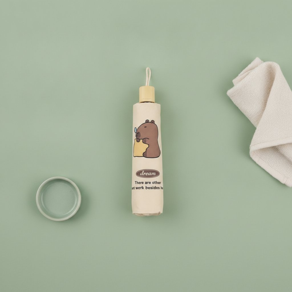 Ombrello da borsa beige con disegno kawaii di capibara marrone che sorride, testo Lucky and Love, e quattro varianti colorate