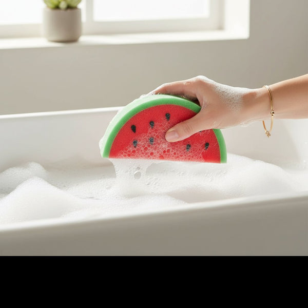Spugna da bagno a forma di fetta di anguria rossa e verde con semini neri disegnati
