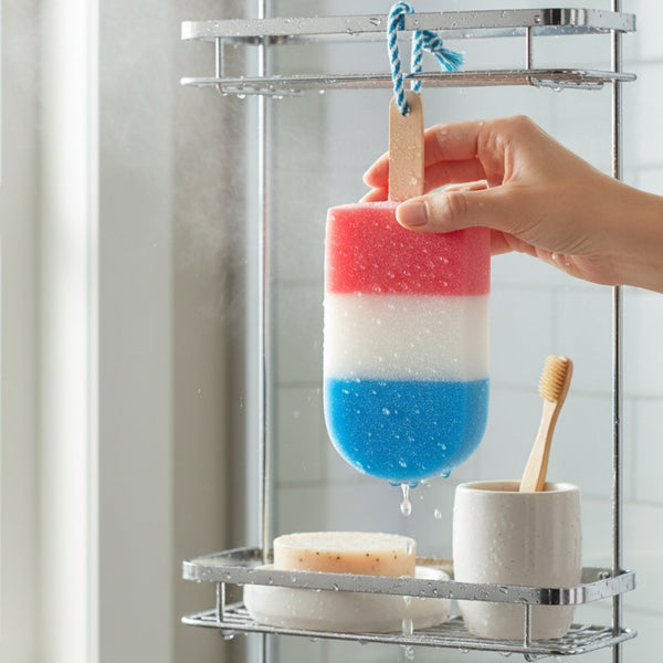 Spugna da bagno a forma di ghiacciolo a tre strati azzurro, bianco e rosa con bastoncino di legno