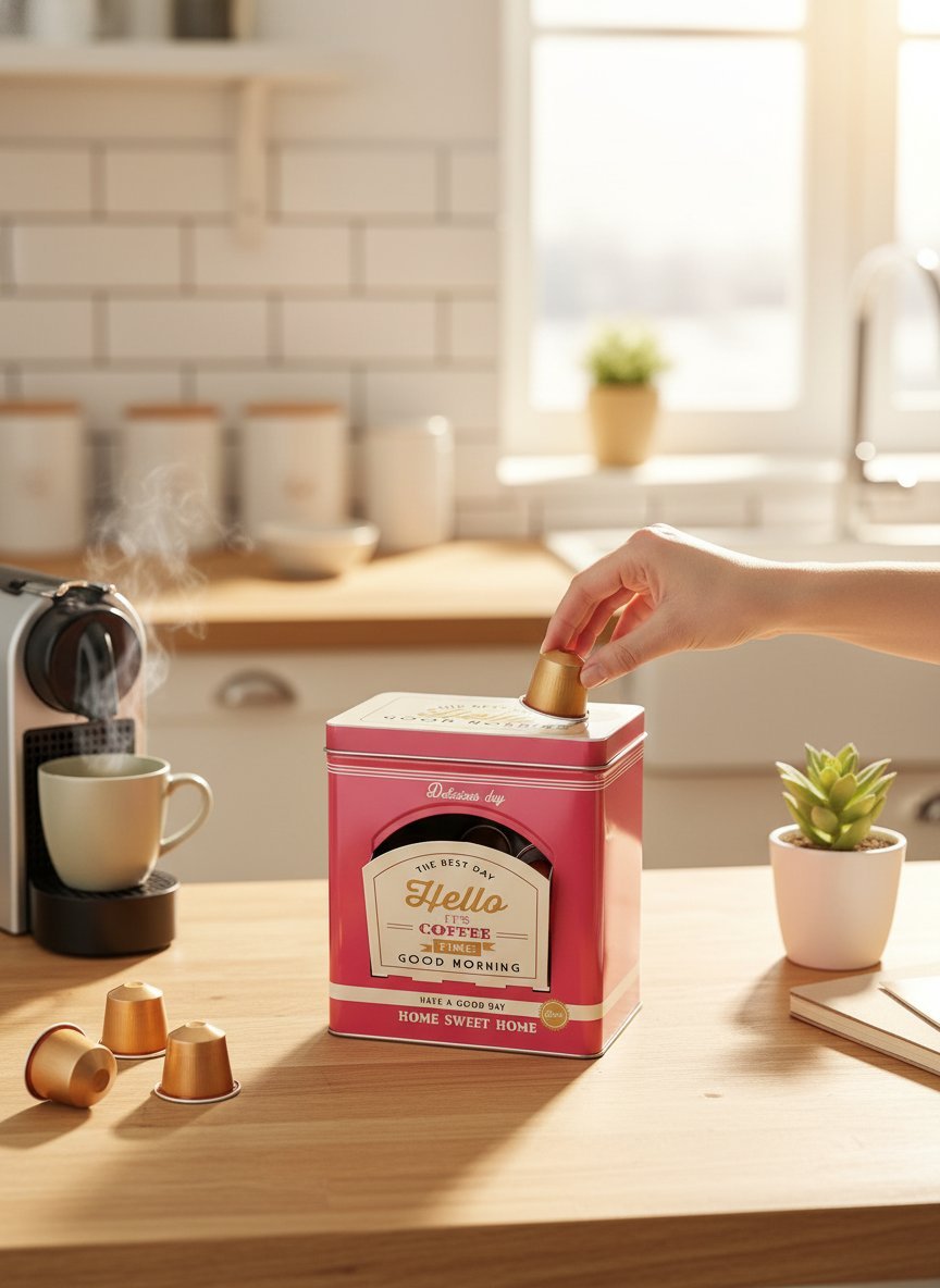 Contenitore metallico rosso per capsule caffè con design vintage anni cinquanta e scritte dorate