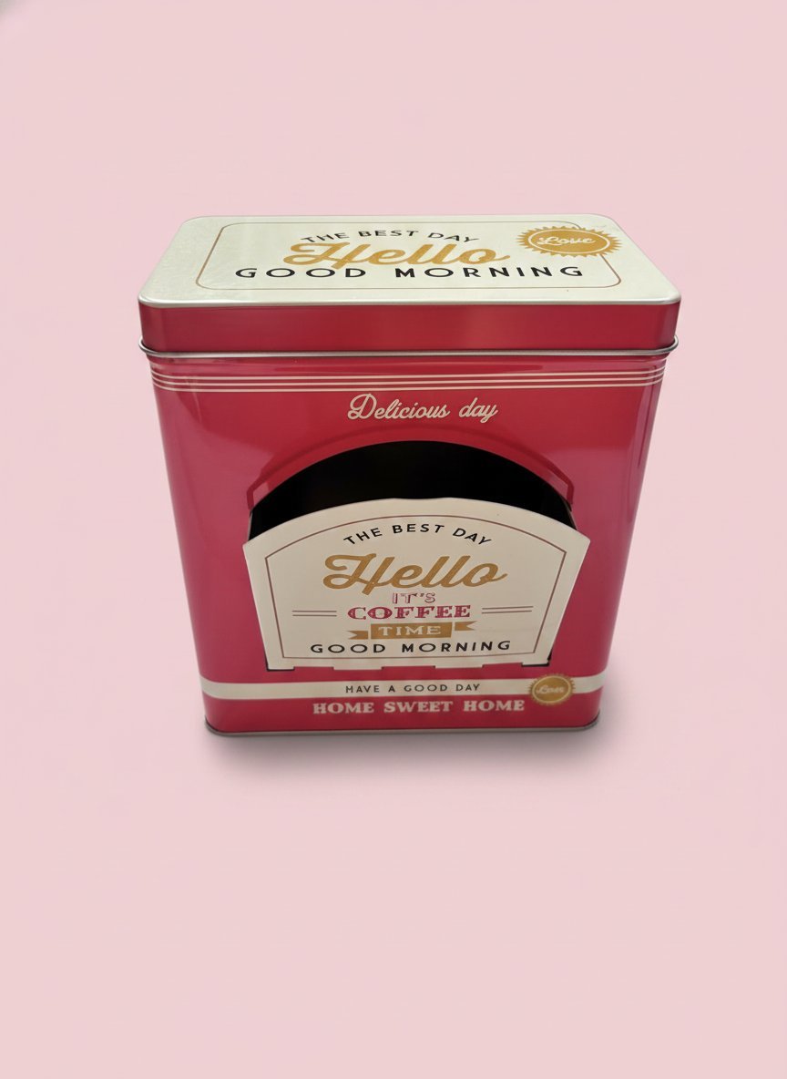 Contenitore metallico rosso per capsule caffè con design vintage anni cinquanta e scritte dorate