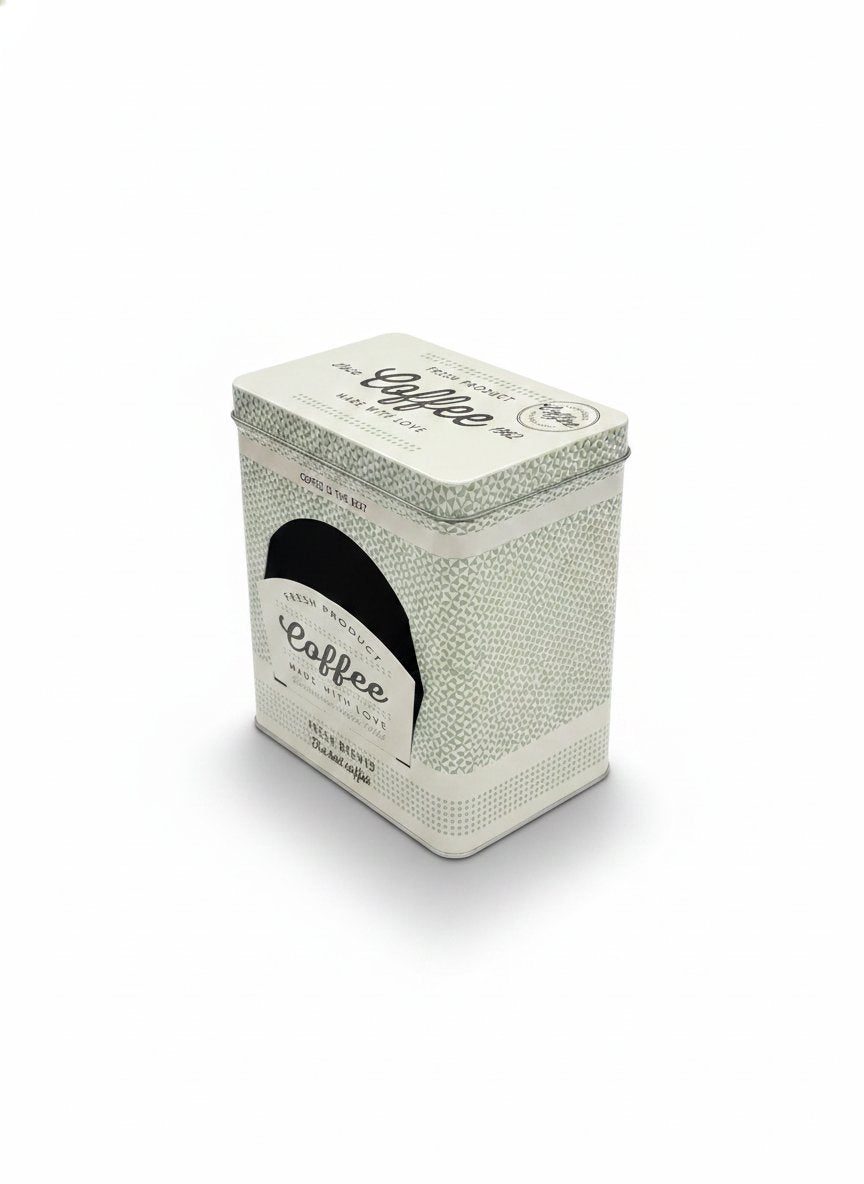 Contenitore metallico per capsule caffè con texture geometrica, design vintage bianco e nero, coperchio rettangolare
