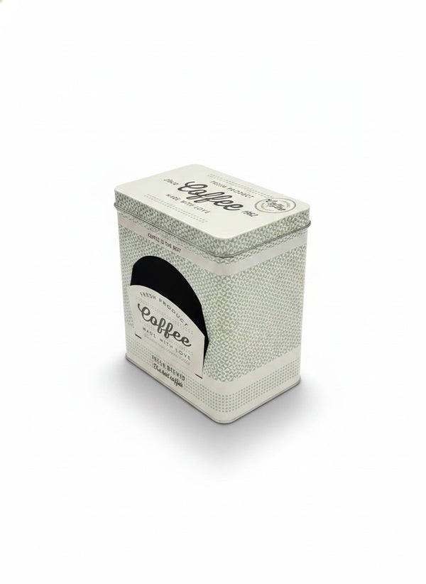 Contenitore metallico per capsule caffè con texture geometrica, design vintage bianco e nero, coperchio rettangolare
