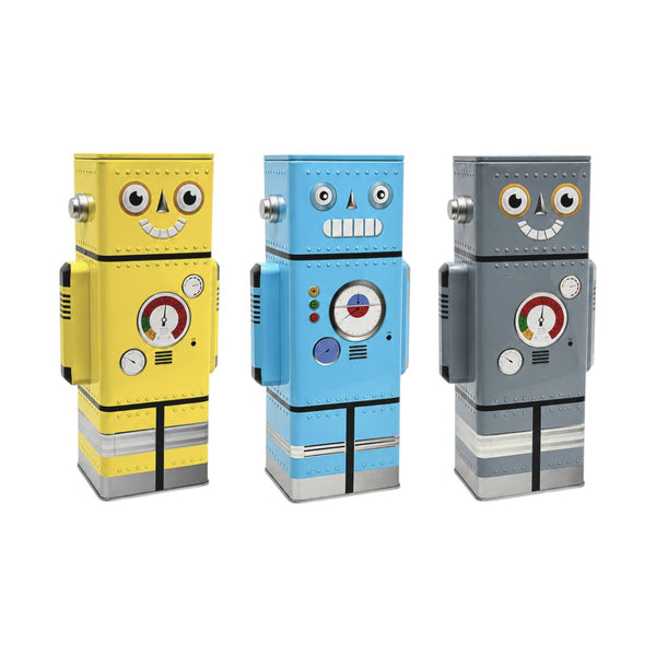 Tre salvadanai robot colorati in giallo, azzurro e grigio con facce burlone e dettagli metallici retrò