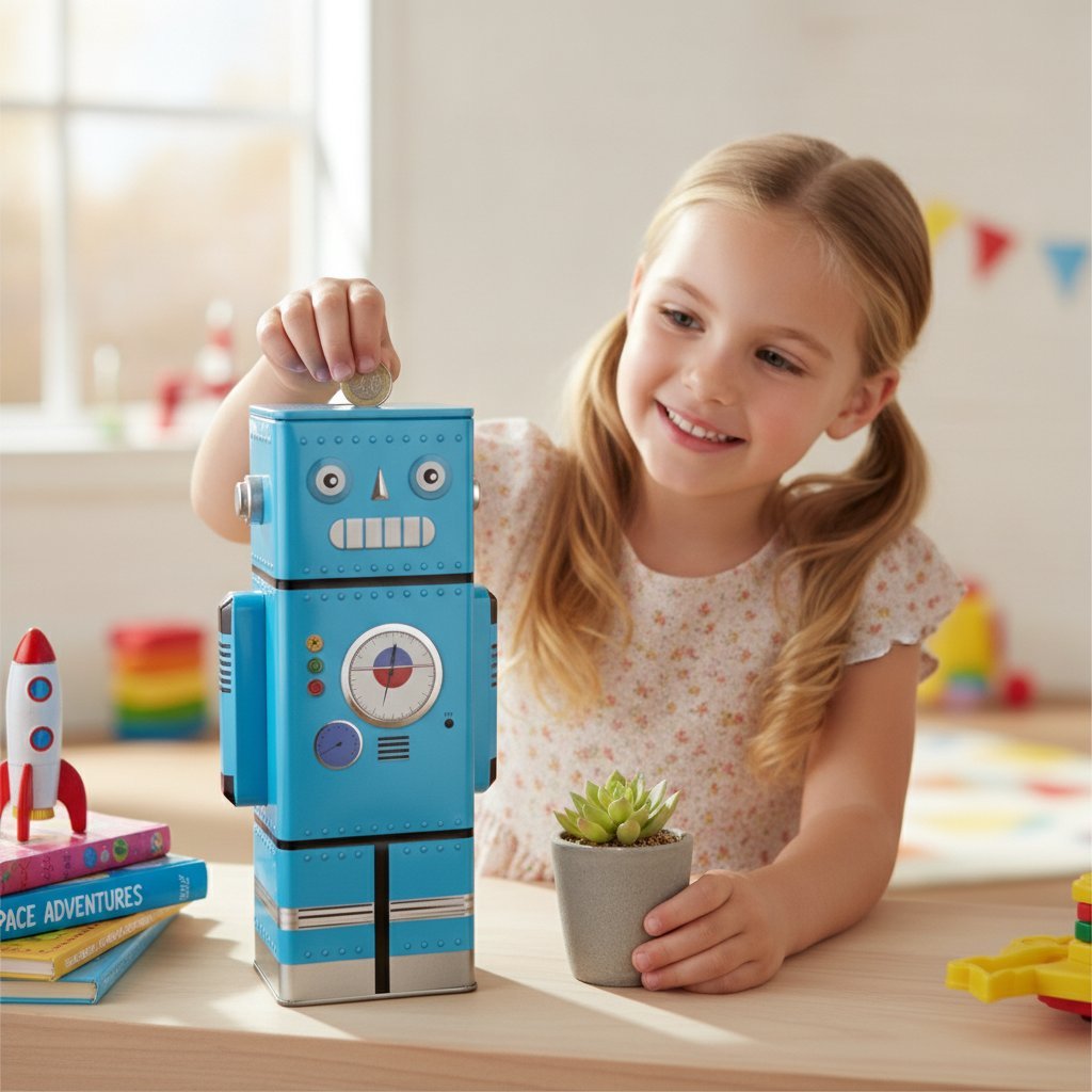 Tre salvadanai robot colorati in giallo, azzurro e grigio con facce burlone e dettagli metallici retrò