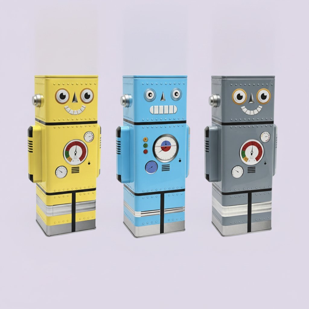 Tre salvadanai robot colorati in giallo, azzurro e grigio con facce burlone e dettagli metallici retrò