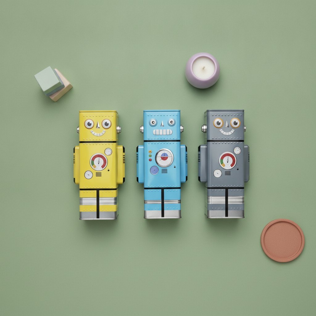 Tre salvadanai robot colorati in giallo, azzurro e grigio con facce burlone e dettagli metallici retrò