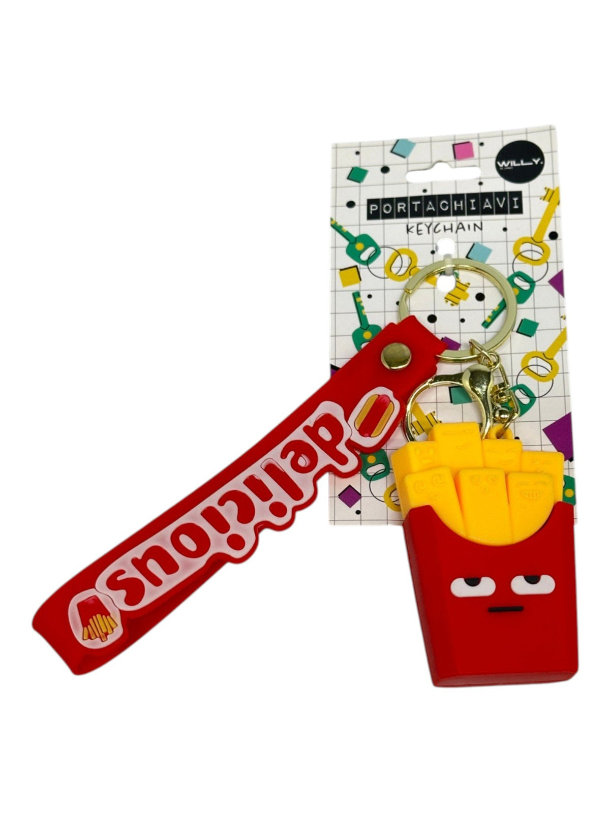Tre portachiavi fastfood kawaii con facce tenere: patatine fritte rosse, pizza marrone e hot dog giallo con moschettone dorat