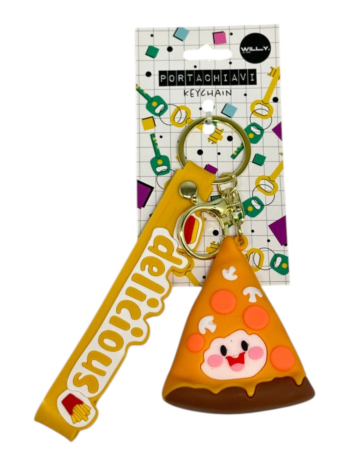 Tre portachiavi fastfood kawaii con facce tenere: patatine fritte rosse, pizza marrone e hot dog giallo con moschettone dorat