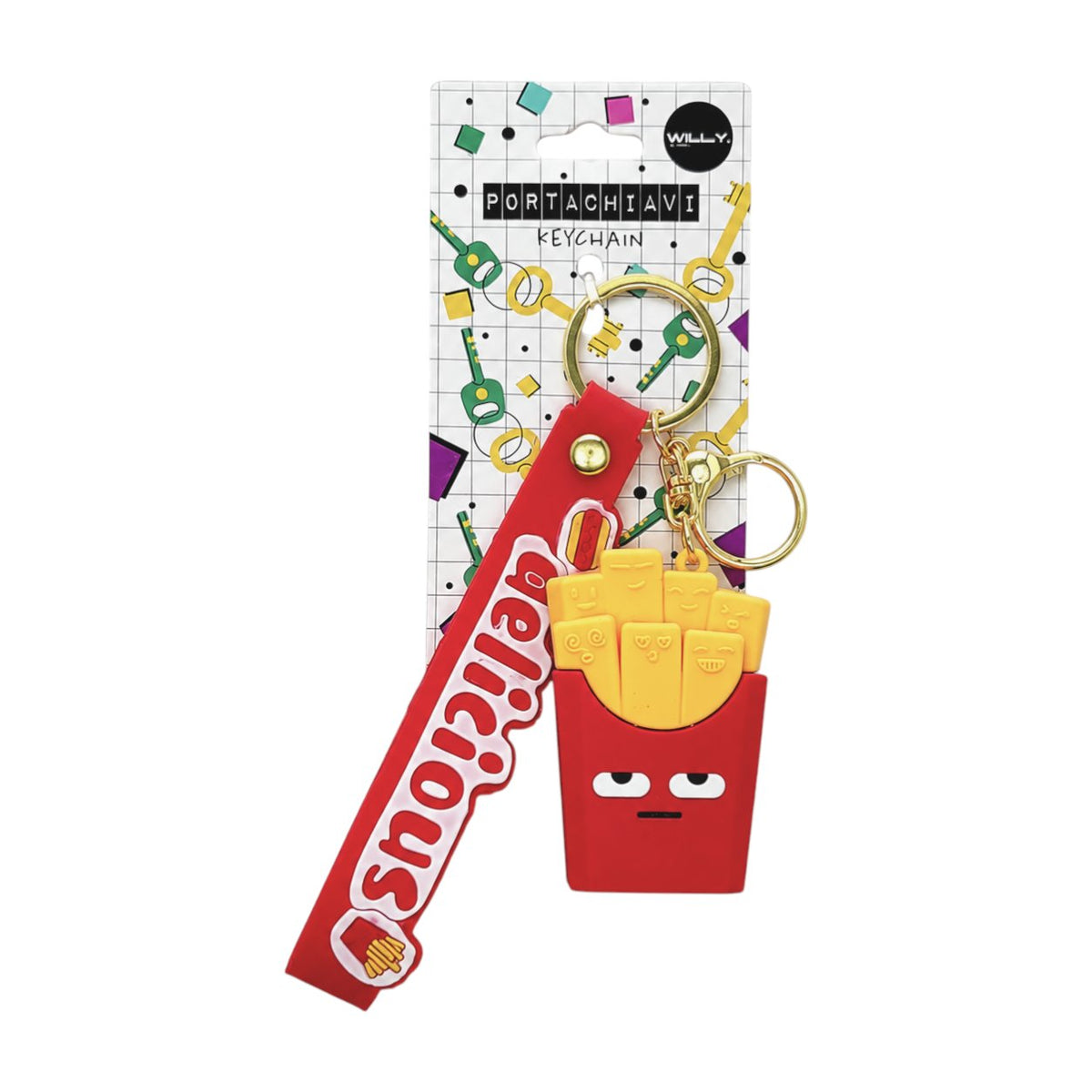 Tre portachiavi fastfood kawaii con facce tenere: patatine fritte rosse, pizza marrone e hot dog giallo con moschettone dorat