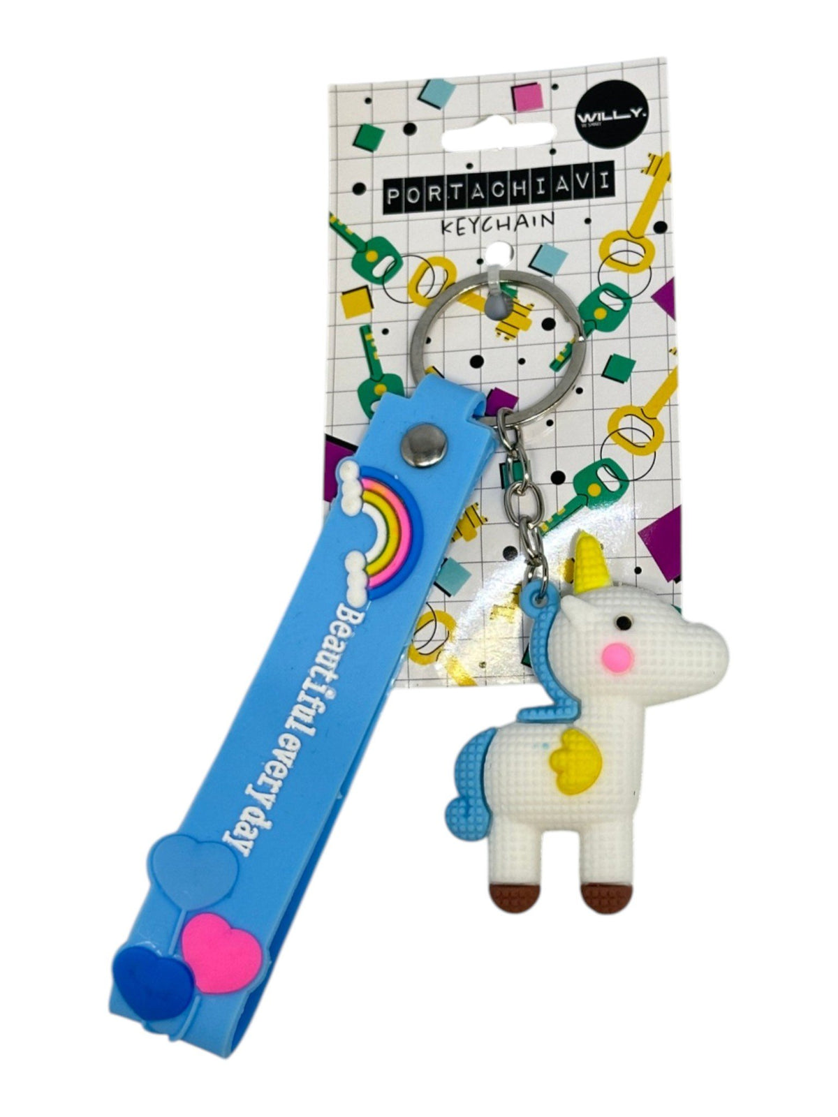 Tre portachiavi con unicorno kawaii in rosa, giallo e blu con strap decorato e arcobaleno