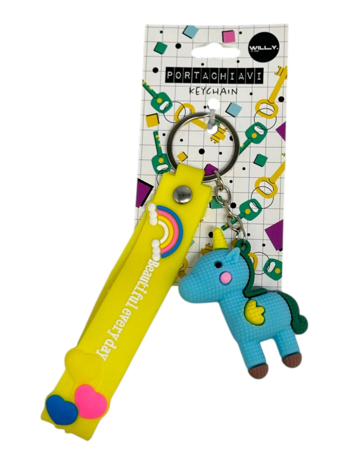 Tre portachiavi con unicorno kawaii in rosa, giallo e blu con strap decorato e arcobaleno