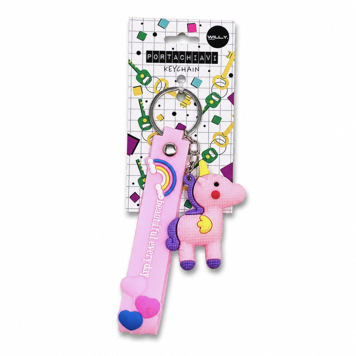 Tre portachiavi con unicorno kawaii in rosa, giallo e blu con strap decorato e arcobaleno