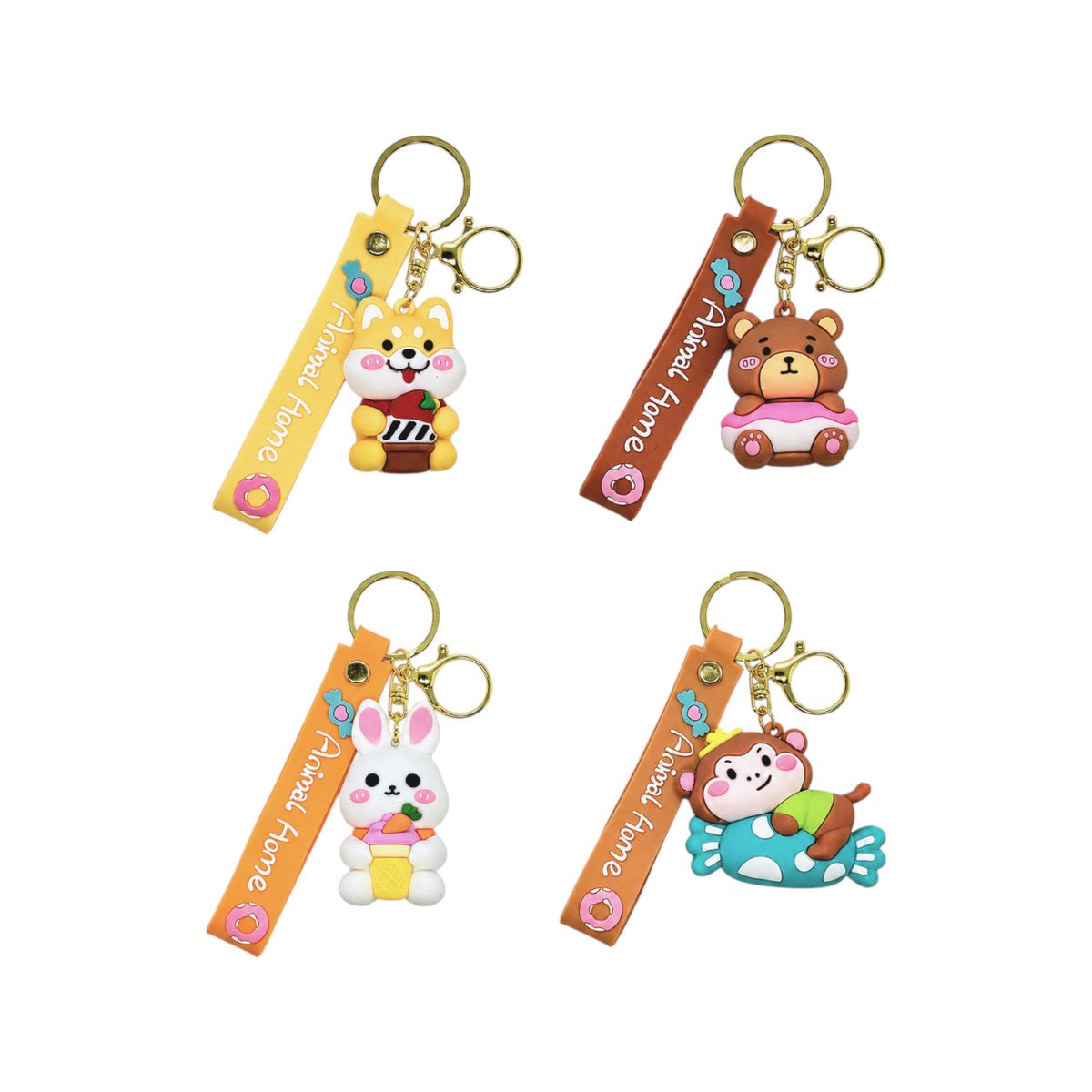 Quattro portachiavi kawaii con animaletti teneri: gattino bianco, orso marrone, coniglio giallo e creatura marina azzurra, ci