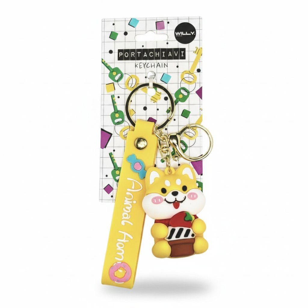 Quattro portachiavi kawaii con animaletti teneri: gattino bianco, orso marrone, coniglio giallo e creatura marina azzurra, ci
