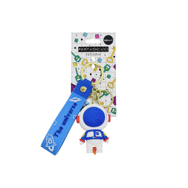 Tre portachiavi a forma di astronauta morbido in blu, rosa e nero con anellini metallici e cinturini blu decorati