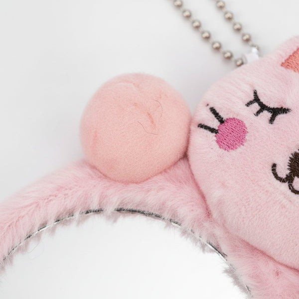 Set di sei mini specchi peluche con animaletti kawaii in colori pastello, gatto rosa, koala rosa, panda bianco, orso marrone,