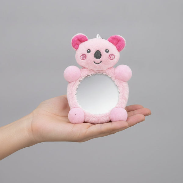 Set di sei mini specchi peluche con animaletti kawaii in colori pastello, gatto rosa, koala rosa, panda bianco, orso marrone,