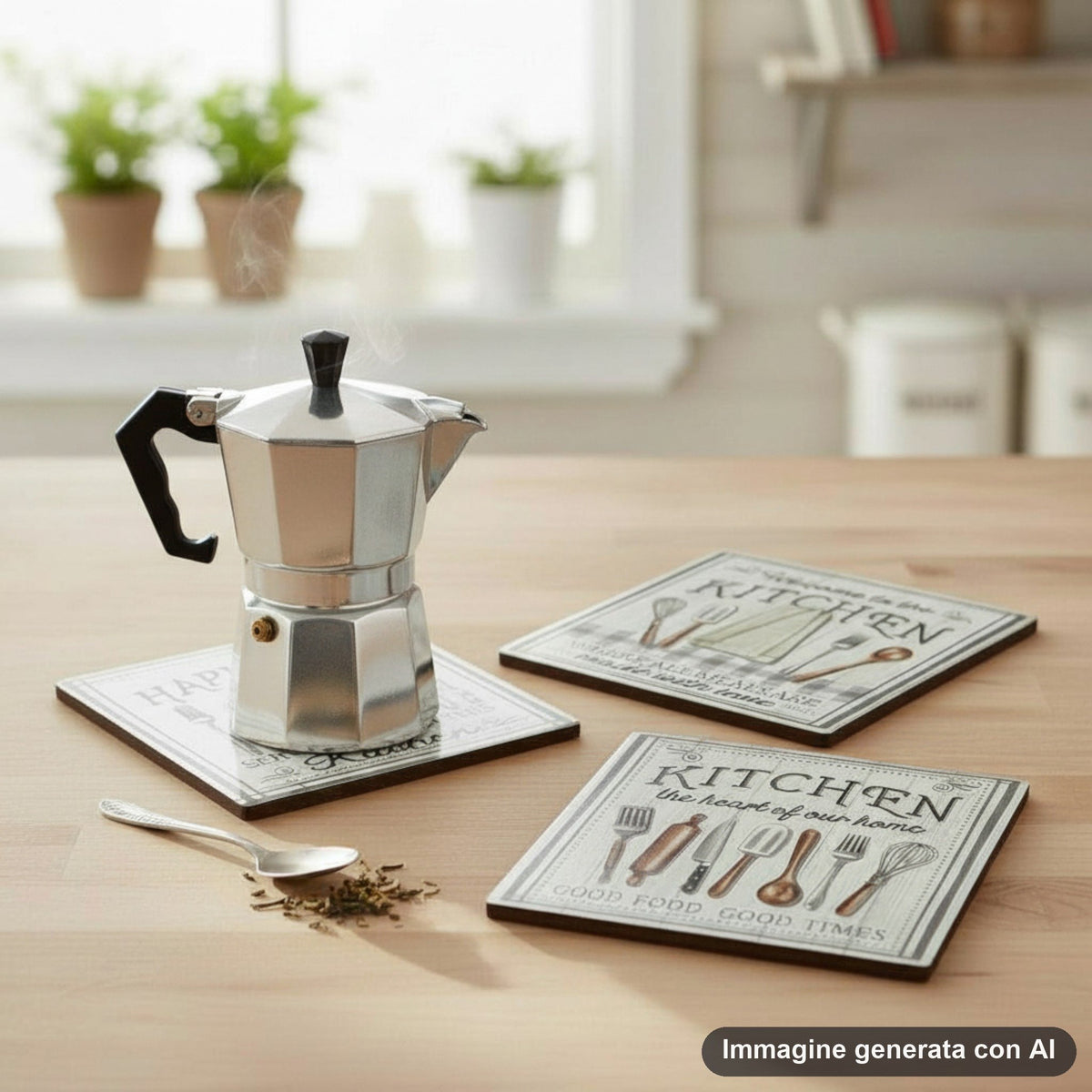 Tre sottobicchieri quadrati effetto legno chiaro con scritte da cucina e posate disegnate