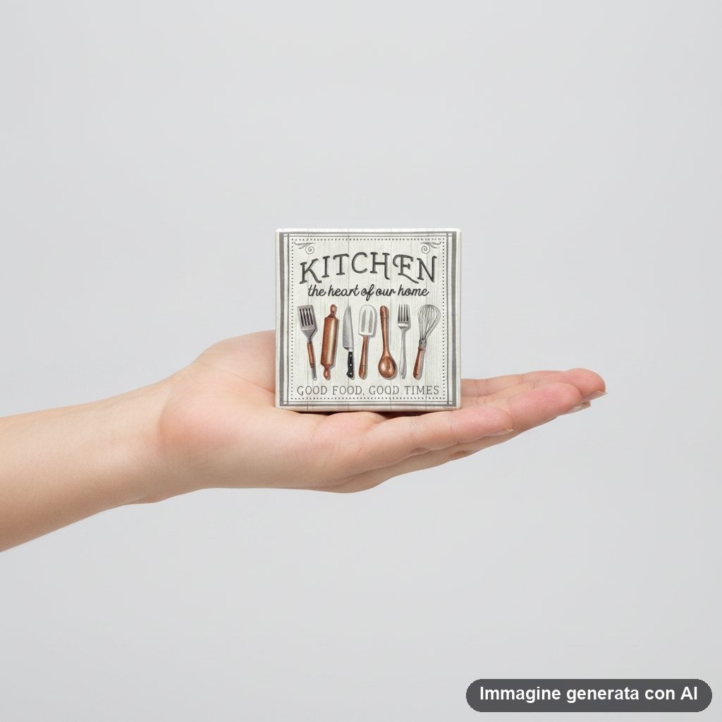 Tre sottobicchieri quadrati effetto legno chiaro con scritte da cucina e posate disegnate