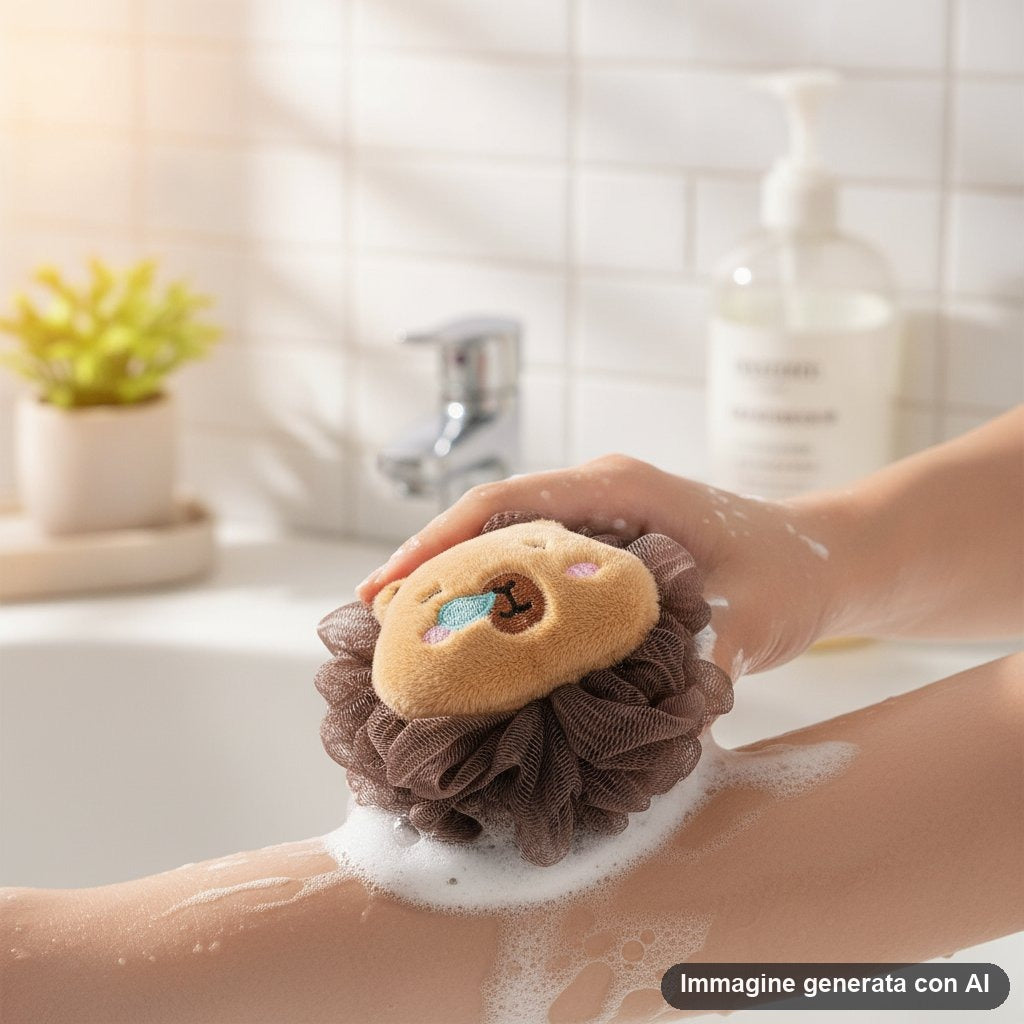 Quattro spugne da bagno in rete con musetto di capibara ricamato nei toni marrone, verde, bianco e grigio
