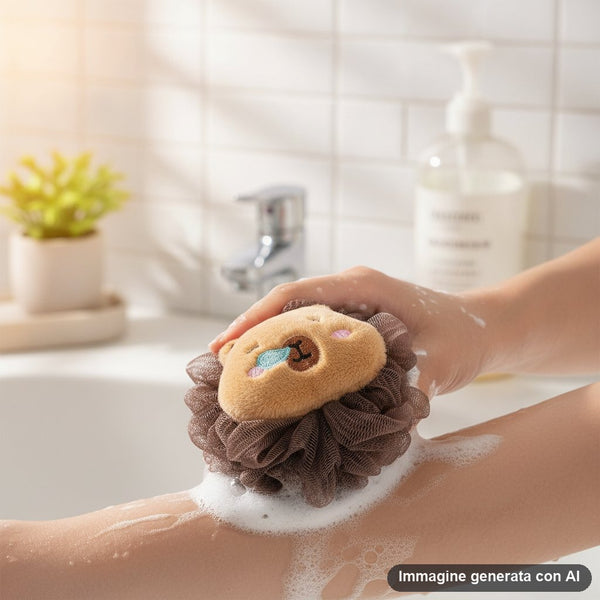 Quattro spugne da bagno in rete con musetto di capibara ricamato nei toni marrone, verde, bianco e grigio