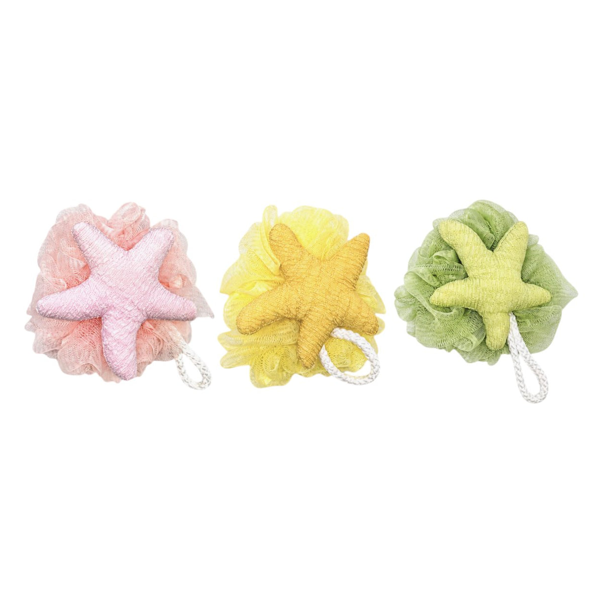 Tre spugne da bagno a forma di stella marina nei colori rosa, giallo e verde con cordino bianco