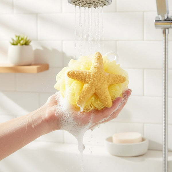 Tre spugne da bagno a forma di stella marina nei colori rosa, giallo e verde con cordino bianco