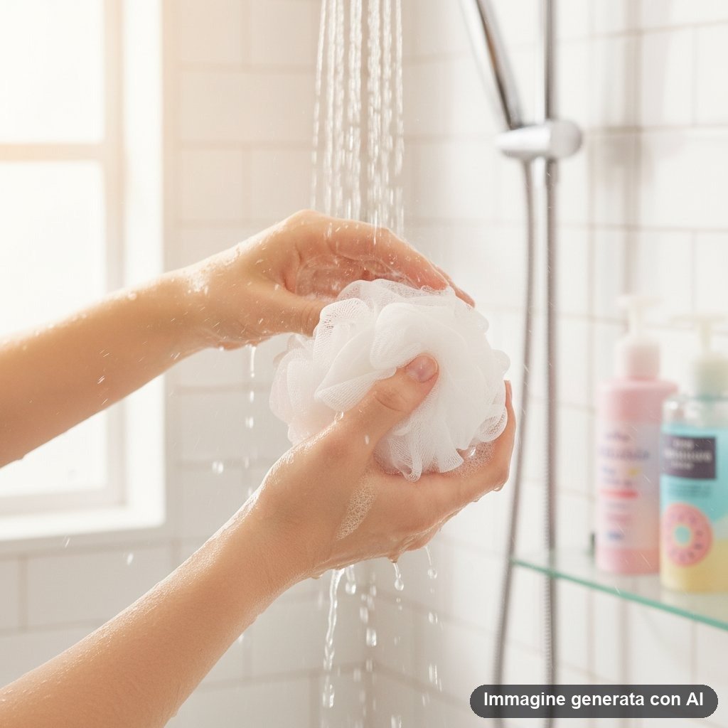 Set di quattro spugne da bagno morbide con design kawaii: pane tostato giallo, donut rosa, donut azzurro e cuoricino bianco c