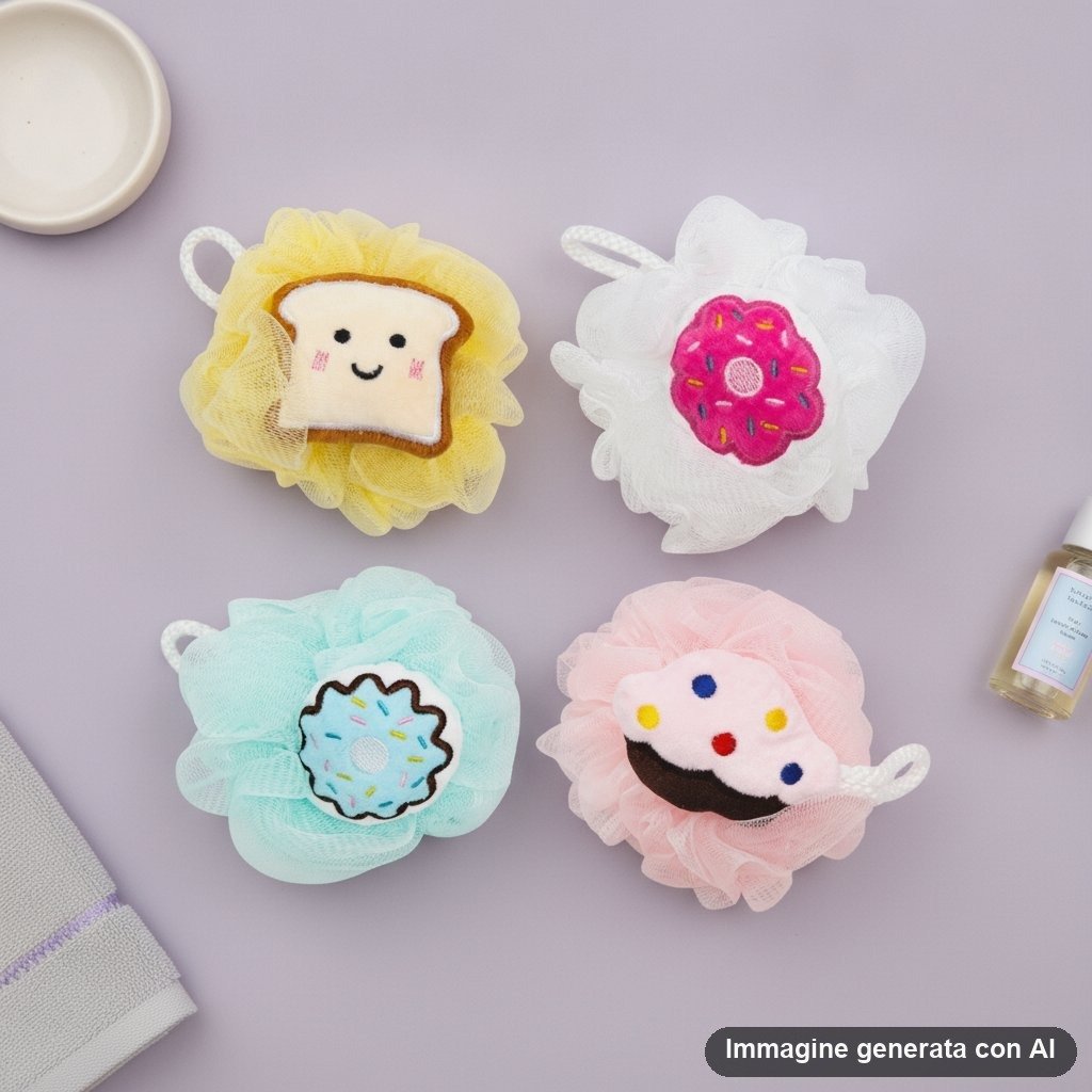 Set di quattro spugne da bagno morbide con design kawaii: pane tostato giallo, donut rosa, donut azzurro e cuoricino bianco c