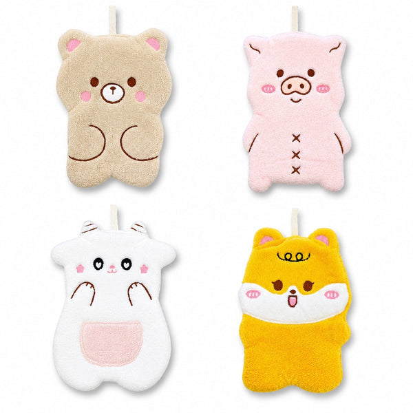Quattro asciughini da cucina in cotone con disegni di animaletti kawaii nei colori beige, rosa, bianco e giallo